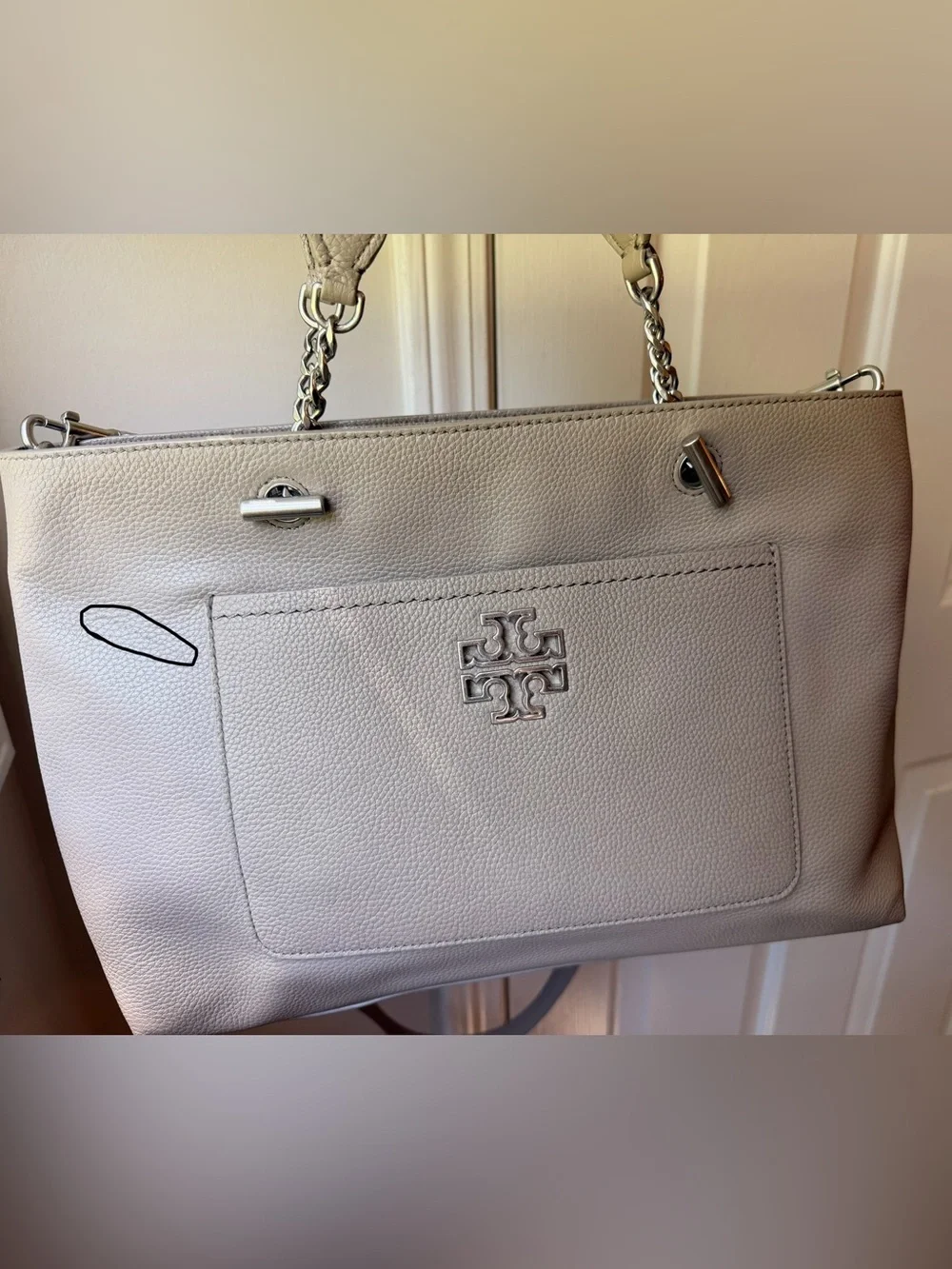 Tory Burch Pebbled Leather Tote in Light Gray